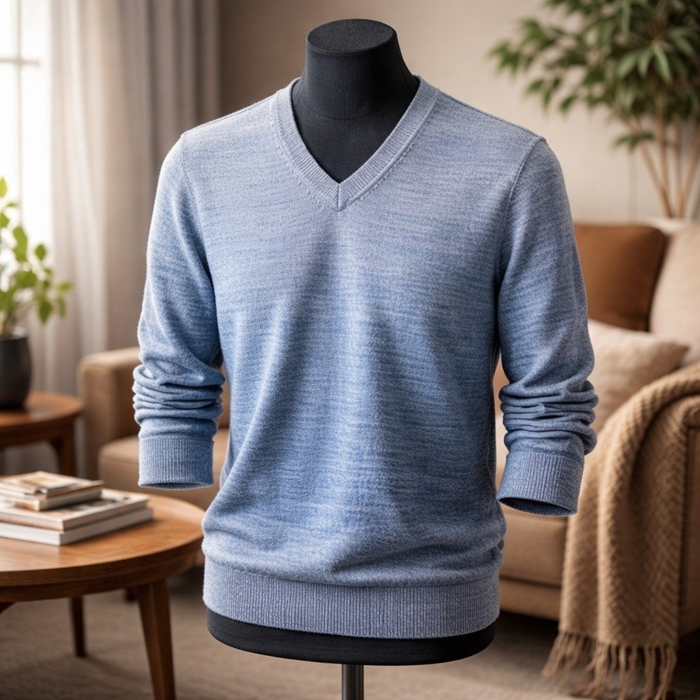 Saks Fifth Avenue L Mens V Neck Long Sleeve Sweater Large Blue Ombre Wool